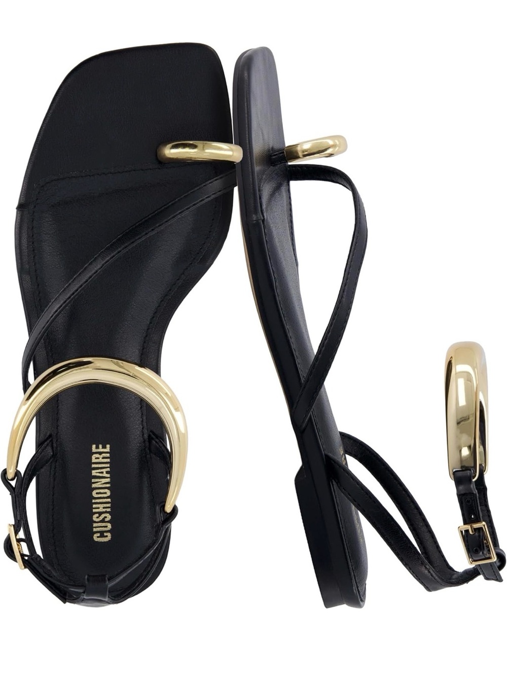 Cushionaire Black Leather Sandals with Gold Accent